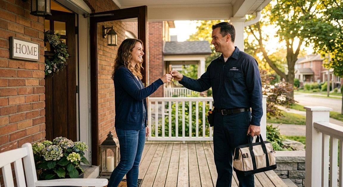 Locksmith handing new keys to homeowner after completing post-break-in security reset