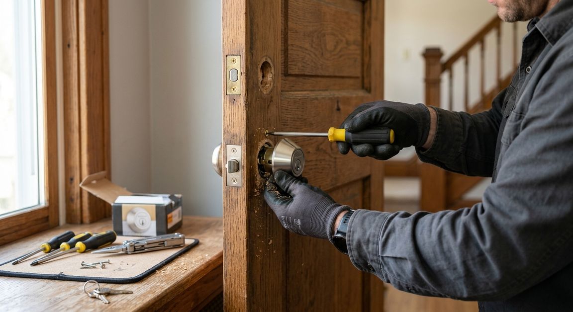 Locksmith installing new deadbolt lock cylinder on wooden residential door
