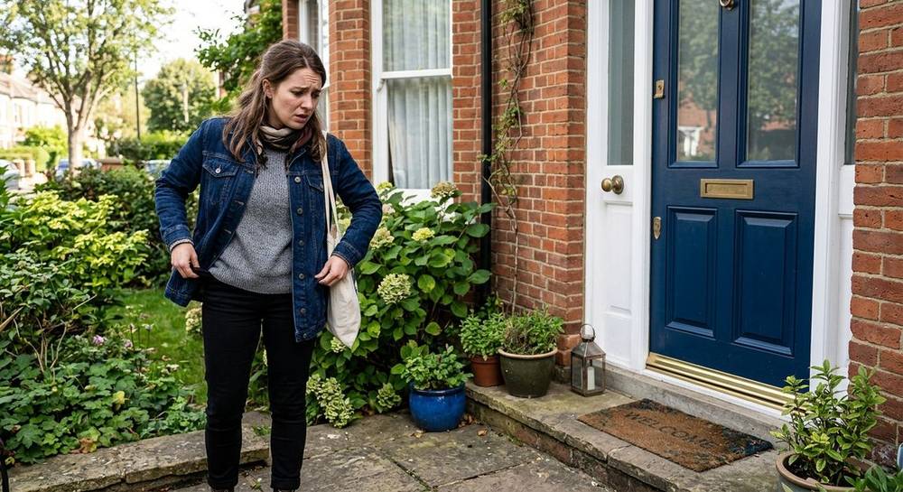 Person checking empty pockets, keys are lost, standing at front door