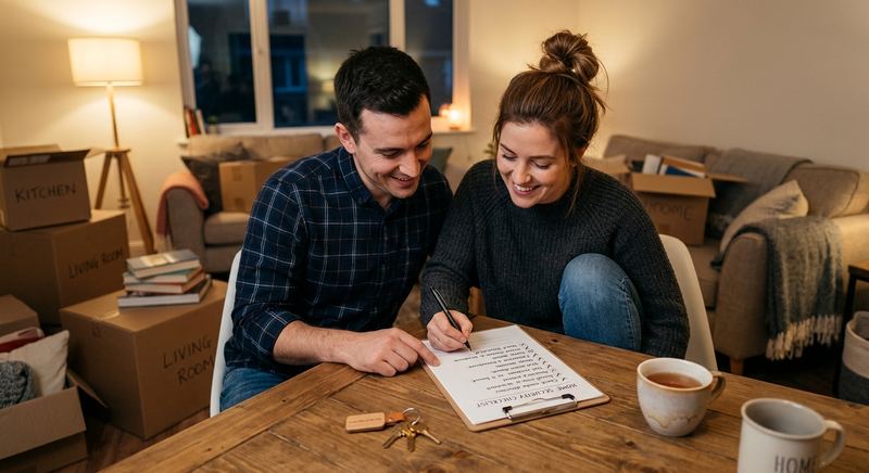 Couple reviewing home security checklist after moving into new house