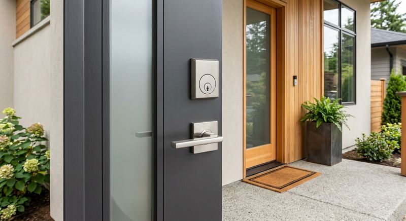 New deadbolt and door handle set installed on modern front door