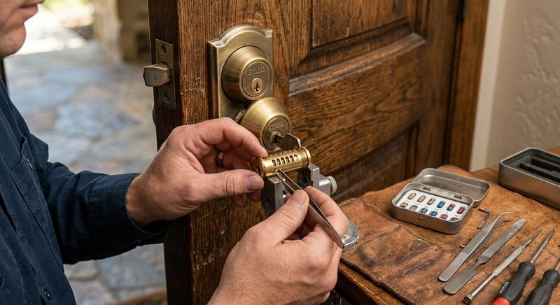 Locksmith rekeying residential deadbolt lock on wooden door