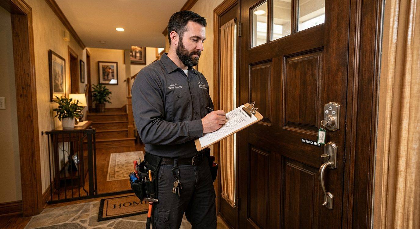 Locksmith with rekey checklist at residential front door